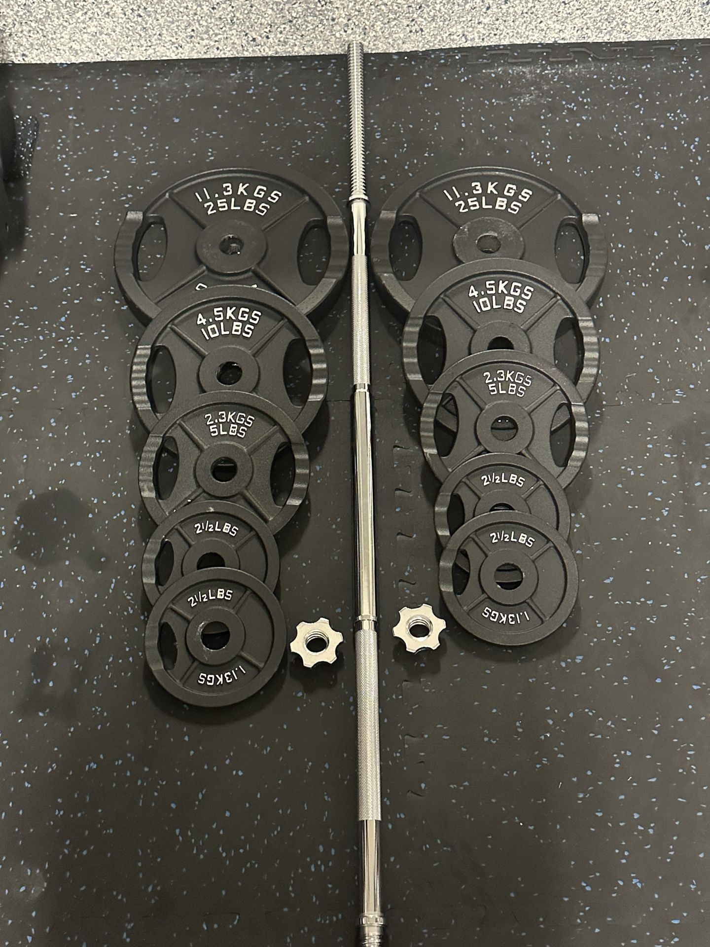 NEW IN BOX - Cast Iron Weight Plates 90 lbs set AND 5 ft Barbell 2.5 5 10 25 lb pounds plate bumper