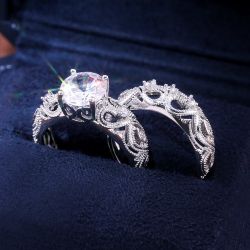 "Luxury Vintage Silver Flower Engagement/Wedding Ring Set for Couple, VIP275