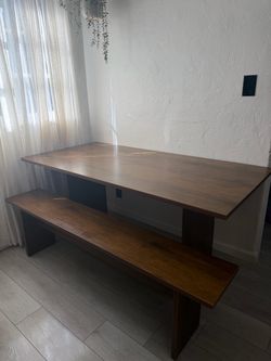 Wood dining table and bench