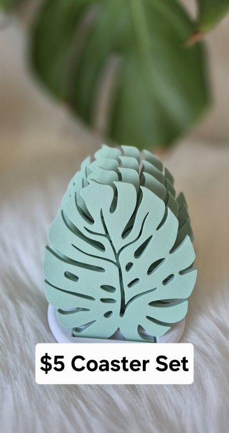 Set Of 4 Mint Color Monstera Leaf Coasters With Base