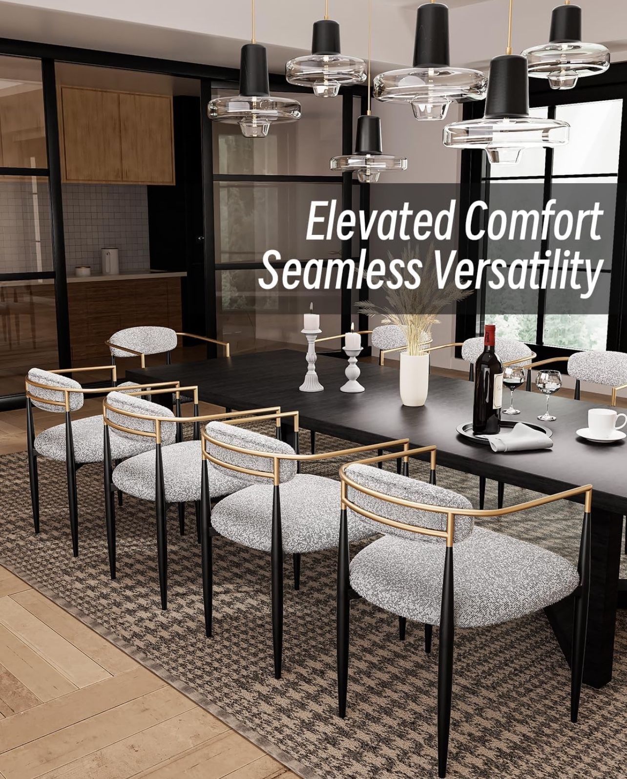 Mid-Century Modern Boucle Dining Chairs set of 6, Brushed Gold Armchairs with Black Metal Legs and Upholstered Cushion, Sherpa Accent Chairs for Livin