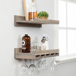 Rustic 2 Tier Wood Shelf With Wine Glass Rack.