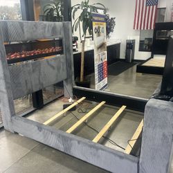 New Queen Bed With TV Stand / Fireplace Headboard.  Grey.  Free Delivery!