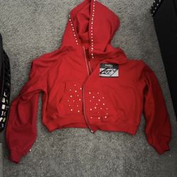 Red Kozy Rhinestone Zip-Up Hoodie