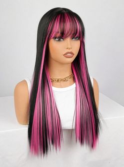 High quality human hair Lace front wig black with pink highlights