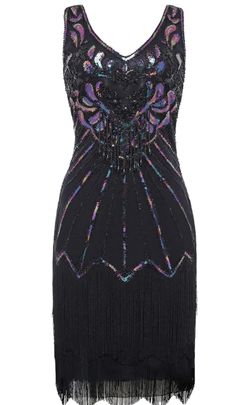 Women's Flapper 1920s V Neck Beaded Fringed Dress Great Gatsby, Large *NEW*