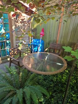Hammered Glass Sunbrella Table + 2 Wooden Chairs