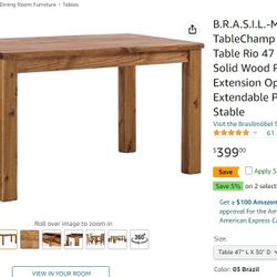 Dining Room Table Rio 47 "x 30" Brazil Solid Wood Pine Oiled