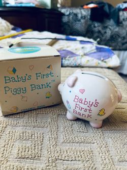 Vintage Ceramic Baby’s First Bank with Pink Ears and Pink Lettering