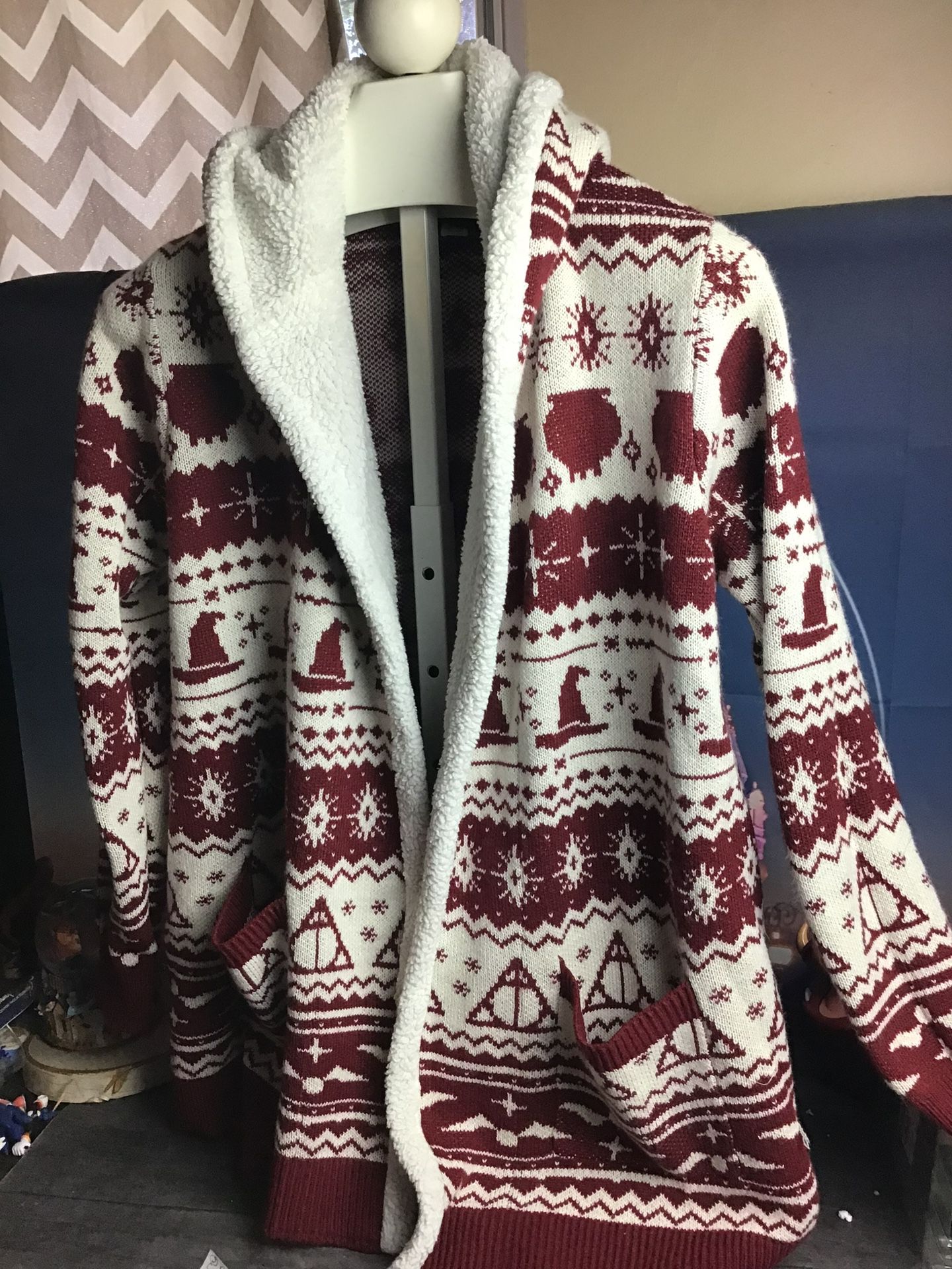 Harry Potter Fair Isle Sherpa Open Cardigan Sweater XL-Preowned 