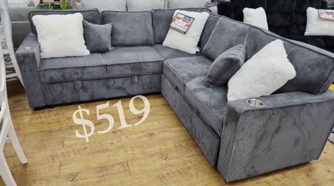 Gorgeous 3-Pc Convertible Sectional Sofa With Storage, Pullout Bed, And USB Port No Tax