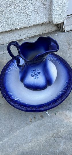 Blue and White Ceramic Pitcher and Basin Set