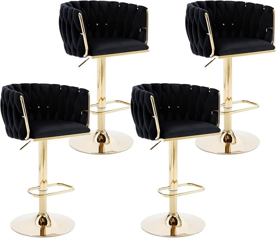 Velvet Luxury Barstools Set of 4, Swivel Adjustable Bar Height Stools with Weave Backs/Golden Base, Upholstered Modern Counter Stools for Kitchen Isla