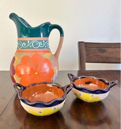 Painted Ceramic Pitcher and Bowl Set