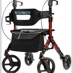 All-Terrain Rollator Walker with Seat, Outdoor Rolling Walker for Seniors, 10” Non-Pneumatic Tire Front Wheels, Compact Folding Design, Red