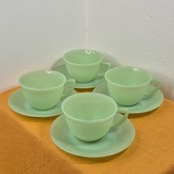 Set of 4 Vintage Fire-King Jadeite Jane Ray Ribbed Cups and Saucers