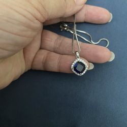 925 Sterling Silver Blue Sapphire Pendant Necklace 