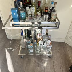 Modern Chrome & Glass Bar Cart on Wheels