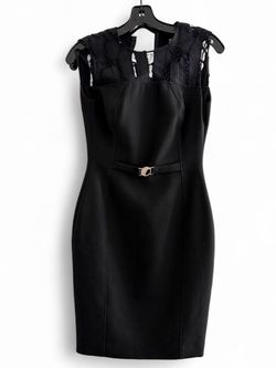 Versace black midi dress with lace detailing on the shoulders and a belt