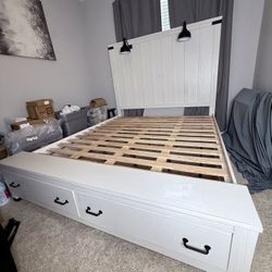 King Sized Farmhouse Bed Frame W/ Storage Drawers 