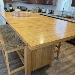 Solid Butcher Block Large Island with Benches