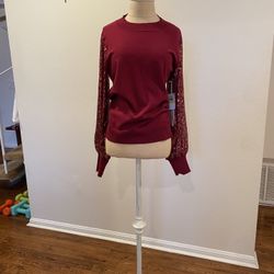 Burgundy Blouse With Sequin Sleeves