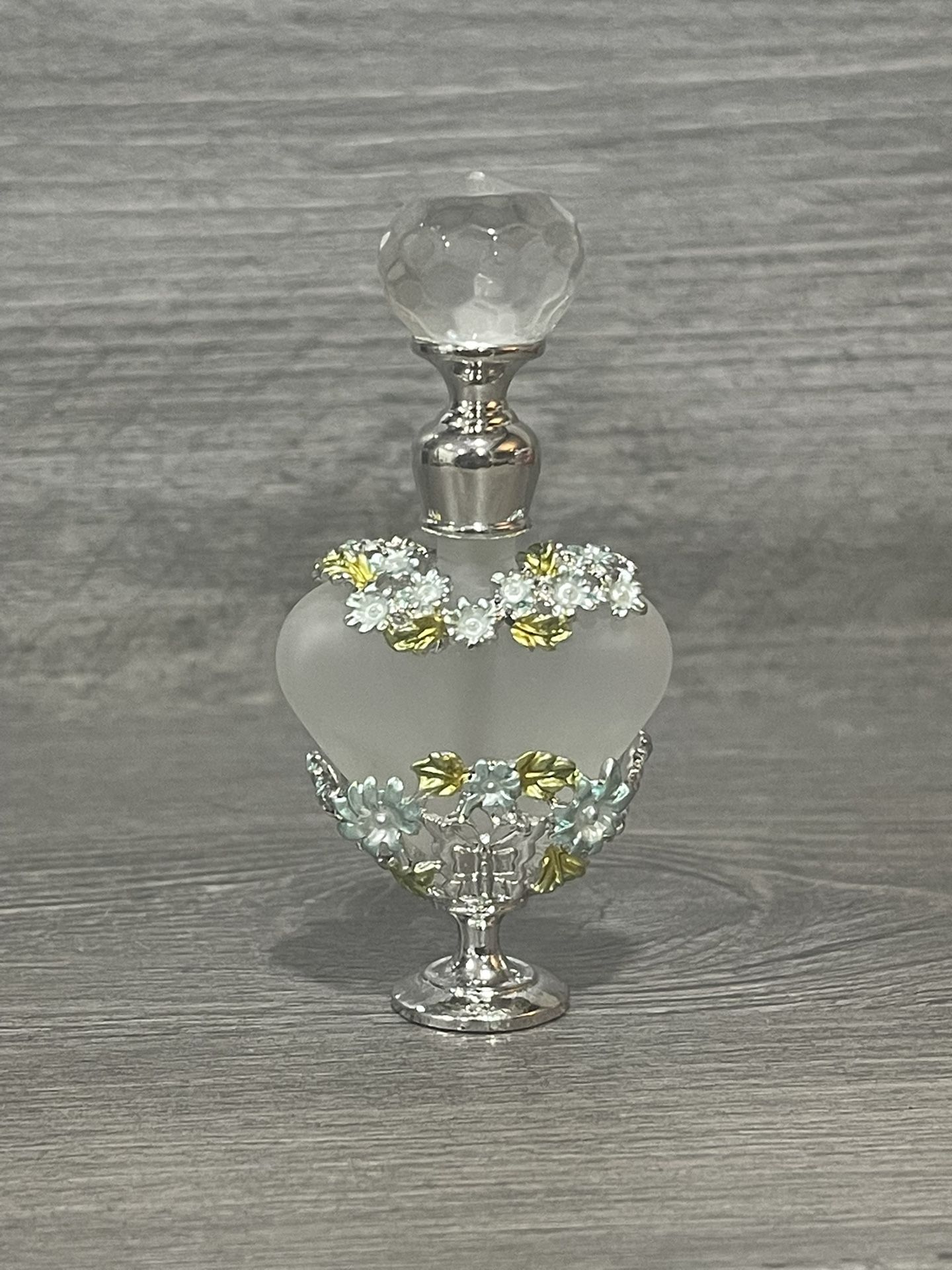 Frosted Glass Heart Perfume Bottle Crystal Top/Dauber Metal Flowers/Butterfly