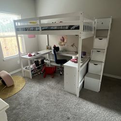 Full Size Loft Bed with L-Shaped Desk, Shelves And Storage Staircase