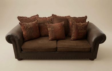Brown Leather / Fabric Sofa & Loveseat with Cushions