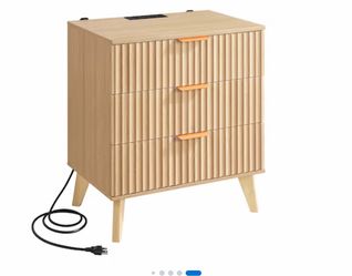 Fluted Nightstands Set of 2 with Charging Station – 3 Drawer Wood Bedside Tables