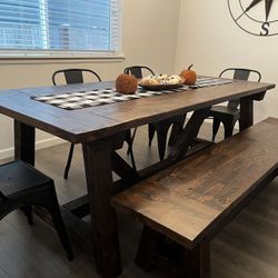 Handmade Rustic Farmhouse Truss Style Dining Table And Bench