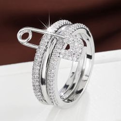 🧷 New! Dazzling Cubic Zirconian Safety Pin Multi-Layered Chic Fashion Ring Size 7
