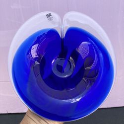 Mats Jonasson Sweden Frosted Clear & Cobalt Blue Art Glass Bowl