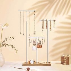 Jewelry Display Stand Holder, Jewelry Rack Tree with 3 T-Shape Metal Bars with Holes Rustic Brown and White