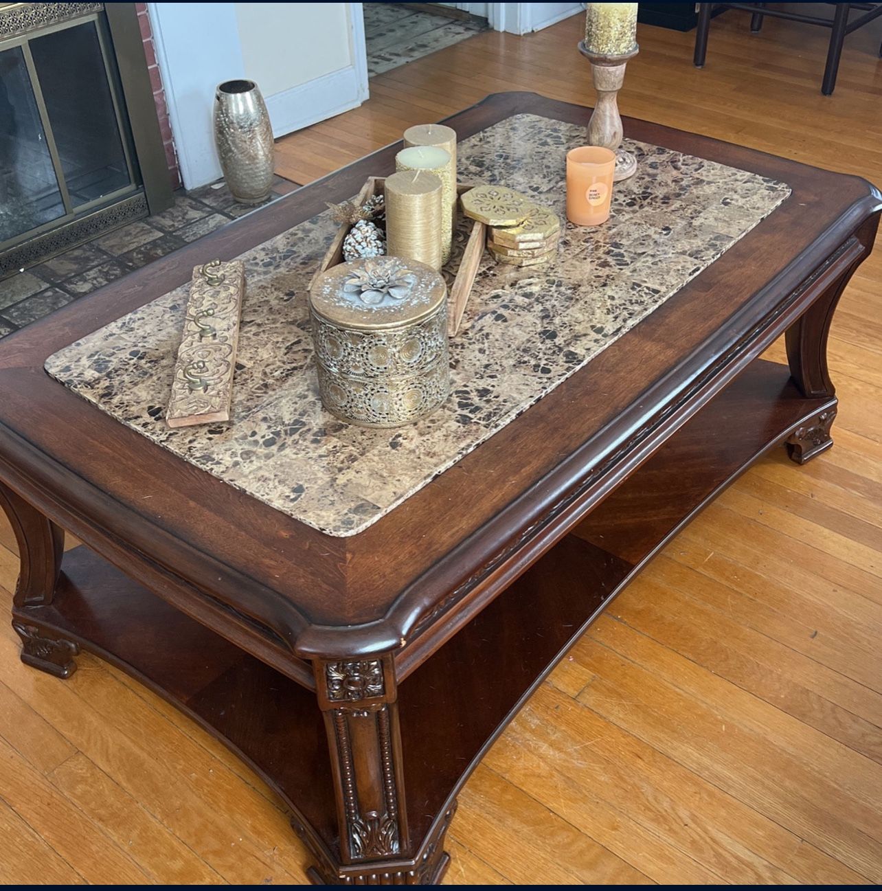 Raymour & Flanigan Victorian Sofa Set, Hutch and Coffee Table