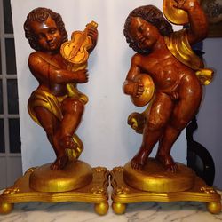 Hand Carved Wood Pair Of Puttos
