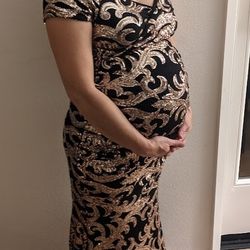 PinkBlush Black Sequin Off Shoulder Wrap Maternity Photoshoot Gown/Dress Size Small Black Gold Sequin