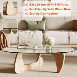 Noguchi styled Glass Coffee Table with Solid Wood Base