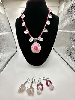 16" Pink Quartz Geode Gemstone Beaded Necklace and Earrings