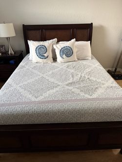 Dark Wood Sleigh Bed Frame and night Stand