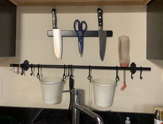 Kitchen Storage Rod, Hooks and White Containers