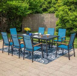 NEW PHI VILLA Black 9-Piece Metal Outdoor Patio Dining Set with Slat Rectangle Table and Stackable Aluminum Chairs