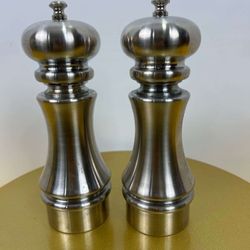 Vintage William Bounds 7" Knight Brushed Metal Salt & Pepper Mill Set  