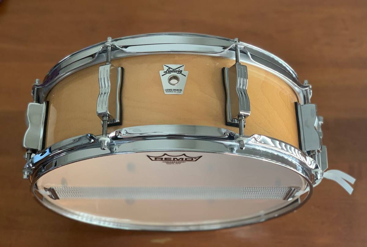Ludwig USA Classic Birch Snare Drum In Natural Satin. Classic snare drum sound! 5 x 14 Natural Birch Snare with upgraded Remo heads
