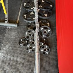 Commercial urethane Olympic weights 280lbs total plus 7ft 45lbs bar