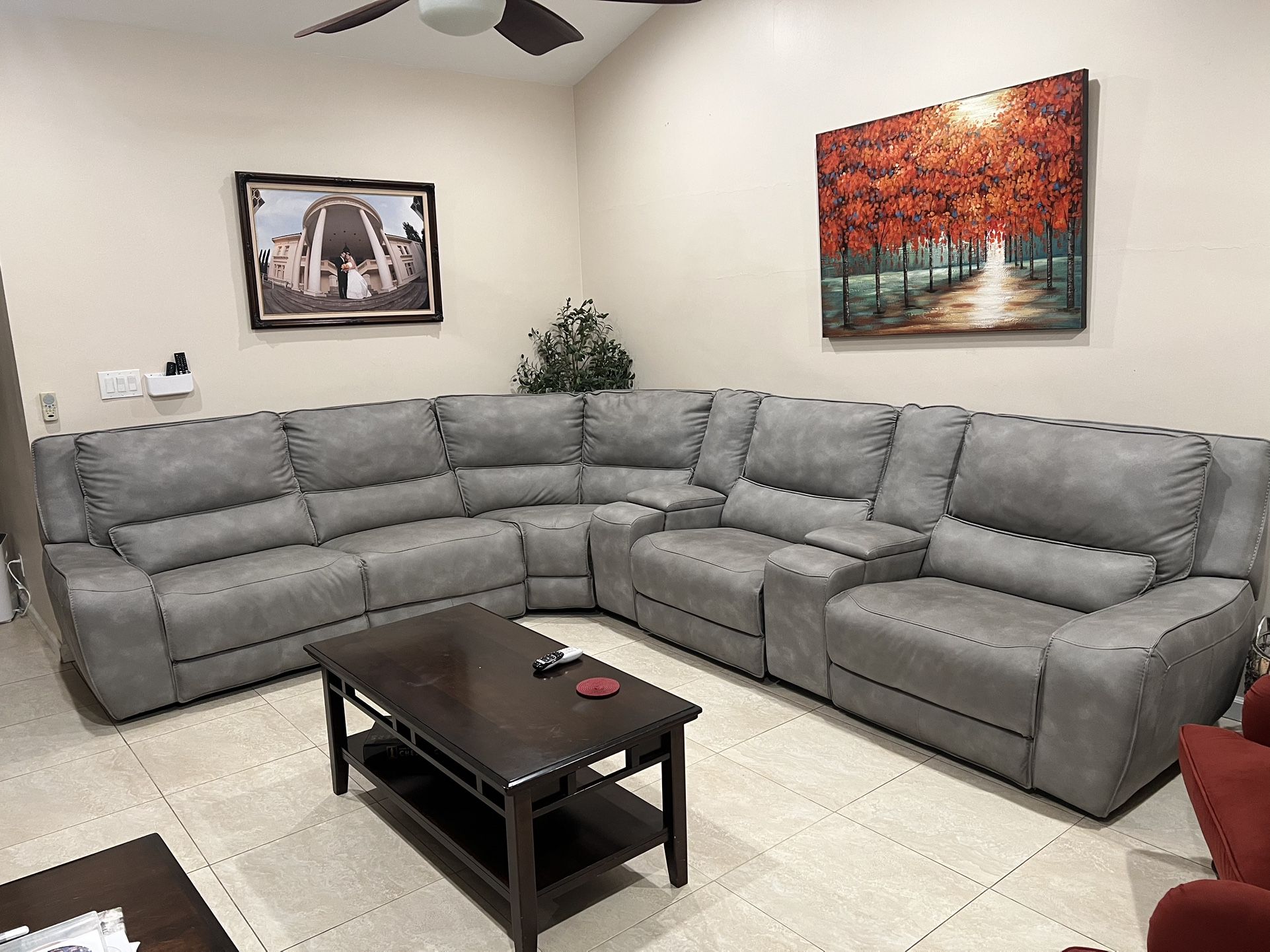 Gray Sectional Sofa With Power Recliners And Console