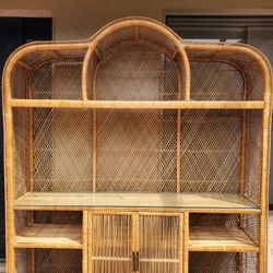 Vintage Boho Chic Rattan Wicker Etagere/Display Shelf