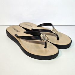 Ashley Blue Medallion Sandals Woman's Size 9 Mini Wedge Flip Flops
