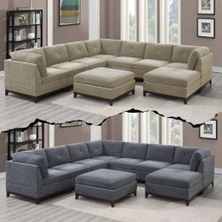Brand New Super Plush Camel  Or Ash Grey Chenille Modular Sectional Sofa w Ottoman 