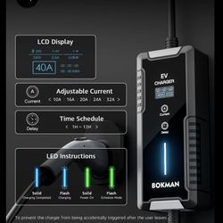 bokman Portable Level 1&2 EV Charger (240V,40A) Current Adjustable with 25ft Charging Cable and NEMA 14-50 for SAE-J1772 Electric Vehicles and PHEVs, 